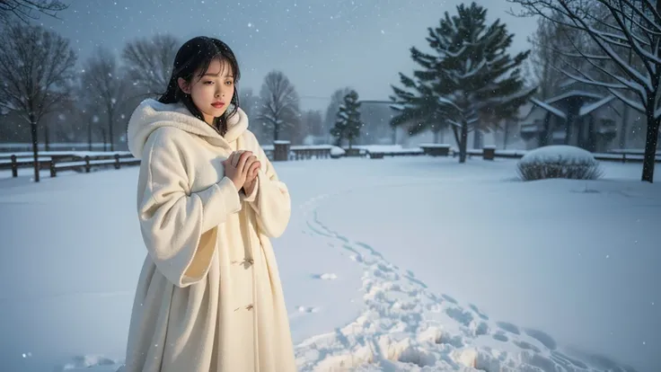  beautiful woman 、 Thick Shawl ,A simple long ivory-colored wizard coat holding a collar in hand,  looking at the sky、Early morning、((snowstorm))、(( medium big breasts ))、((Its snowing a lot ))、(((figure)))、 Photorealistic 