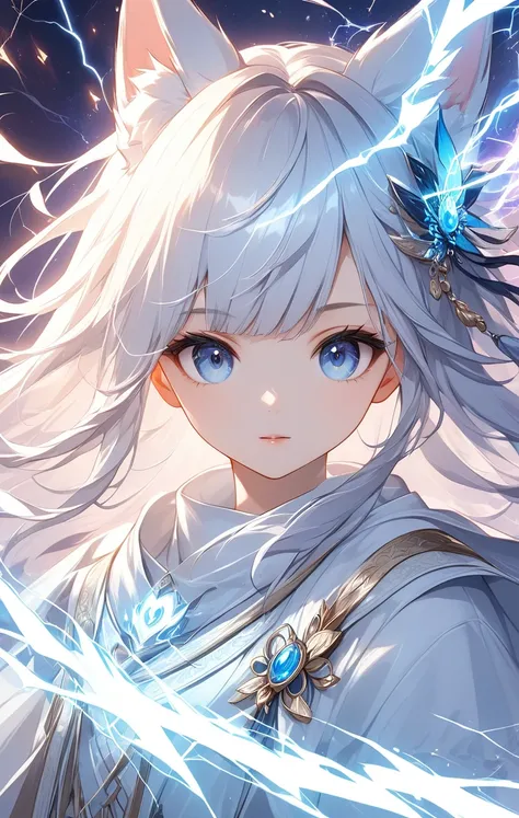 material,  thick paint,   digital art ,  Poster Designs , Onmyoji, Its a white baby fox that manipulates lightning，, Lightning Effects , cool description , # magic ,   Closeup of a Girl  