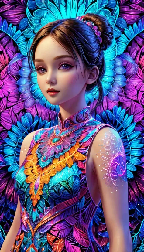 (masterpiece, top quality, best quality, official art, beautiful and aesthetic:1.2), (1girl:1.3), extremely detailed,(fractal art:1.2),colorful,highest detailed,( zentangle neon:1.2), (dynamic pose), (abstract background neon:1.5), (treditional dress:1.2),...