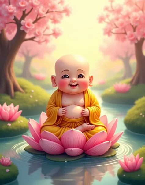 A vibrant cartoon-style illustration of a young, cheerful Buddha sitting peacefully on a lotus flower. His expression radiates kindness and serenity, with a soft, playful smile that adds a touch of cuteness. The Buddha has round, like features with glowing...