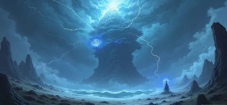 Black Clover，there is a picture of a dark and scary looking landscape,lightning storm background,storm background,lightning background,thunder storm background,massive energy storm,lightning mage spell icon,ominous space battle background,odins stone arena...