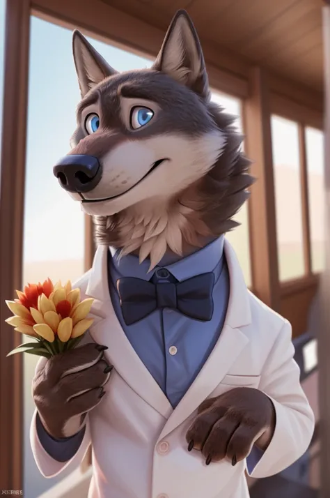 Larry (Zootopia), wolf, gray fur, (brown body:1.3), beautiful blue eyes, Zootopia, dressed,white blazer, pink shirt,white pants,burgundy bow tie,canine,wolf, detailed fur, Male, second, paw pads, finger claws,wears a bow tie, games,At the viewer, 5 fingers...