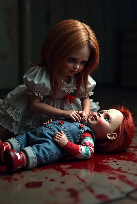 chucky "Chuckys lifeless body is lying covered in blood, and Annabelle is holding him in her arms, crying."