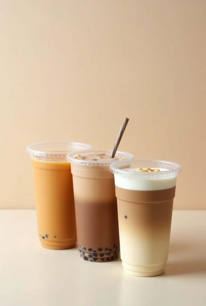 3 cup cold drinks  in plastic cup, milk tea, chocolate ,coffee mix with milk without foam and cream, without boba. Just plain milk coffee