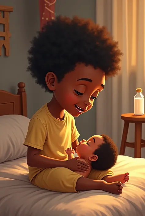 An illustration of a  boy tapping a baby to sleep. The boy is singing and the babys milk is on a stool. The setting is in the bed. The boy is sitting on the bed. African homestead