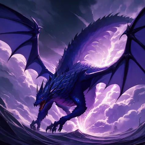 A blue dragon (big bat like wings, metallic violet spikes, electric blue metallic scales), is roaring, embracing the terrible storm, a tornado descends from the sky