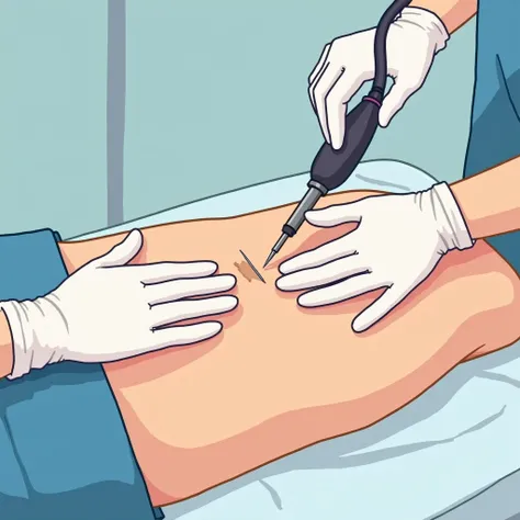 Generate a cartoon picture of a medical exam， showing a pair of hands wearing medical white gloves undergoing an ultrasound-guided abdominal puncture 。In the picture, you can see the medical staff holding the ultrasound probe in one hand and pressing the p...