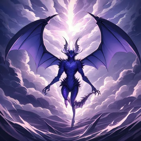 A blue dragon (big bat like wings, metallic violet spikes, electric blue metallic scales), is roaring, embracing the terrible storm, a tornado descends from the sky
