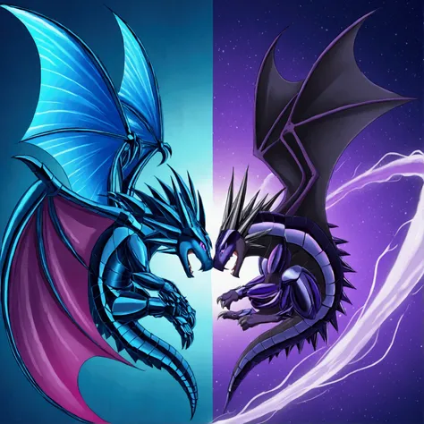 A blue dragon (big bat like wings, metallic violet spikes, electric blue metallic scales), is roaring, embracing the terrible storm, a tornado descends from the sky
