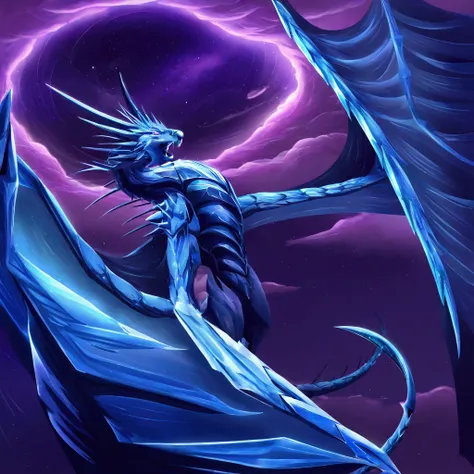 A blue dragon (big bat like wings, metallic violet spikes, electric blue metallic scales), is roaring, embracing the terrible storm, a tornado descends from the sky
