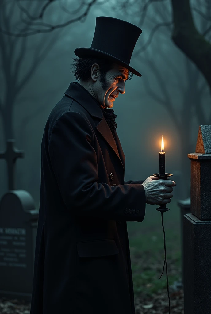 White man with big teeth weeping,  black hair, black hat, wearing black Victorian clothing at night ,   holding a black candle  , looking at the weeping grave 