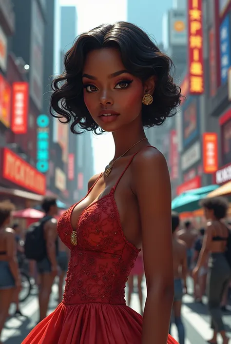  a close up of a woman wearing a dress on a city street,  , Trending in the highly detailed  ,  beautiful city black woman just , African American girl elegante, Photo, super cute funky BLACK GIRL, cute art, African American girl,  she has olive brown skin...