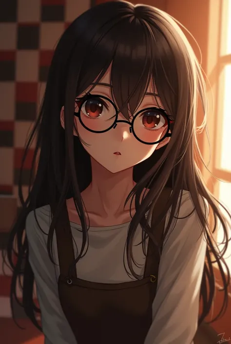 personage
black horn-rimmed round glasses
natural brunette long hair
twirling
Southern checkered pattern
Sleepy eyes