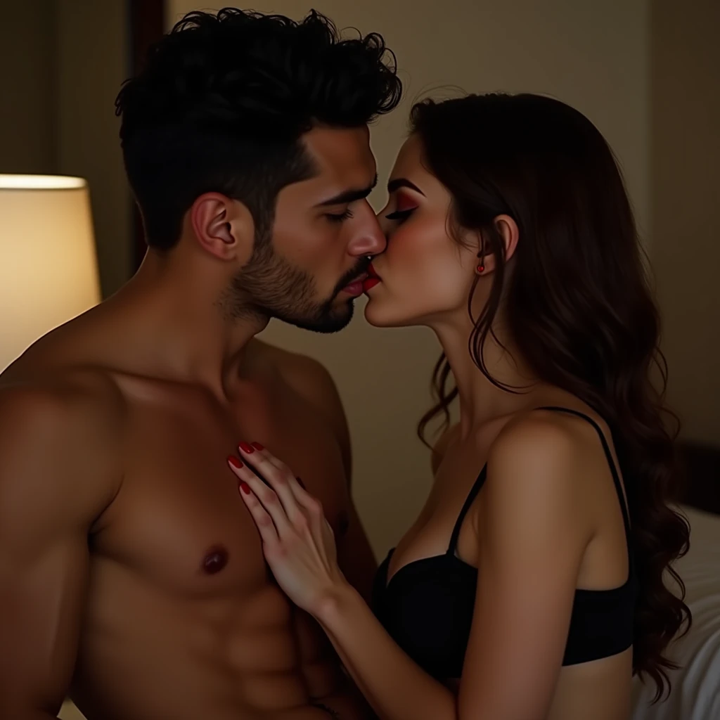  A very young and handsome man with European features ,  black cabello,  white skin ,  Thick red lips,  long eyelashes ,  very muscular,  in a luxury hotel room at midnight ,  detailed facial features, He is totally serious,   beautiful detailed eyes ,  be...