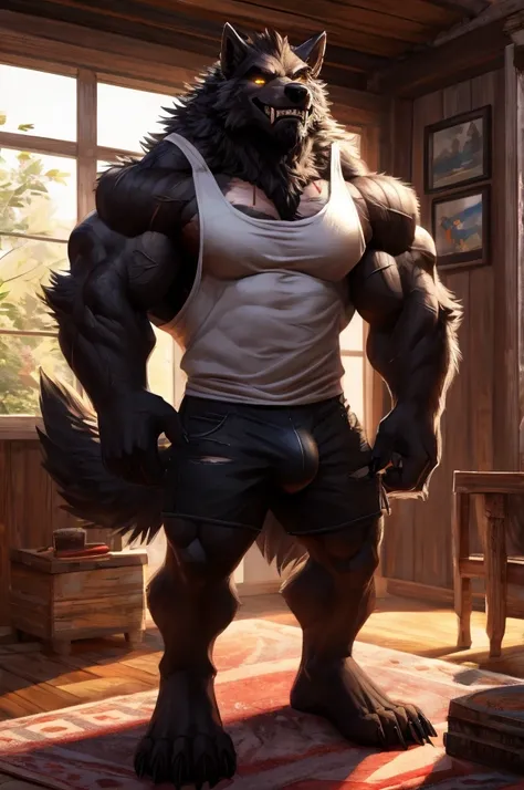 close up, furry, anthro, giant werewolf,wolf ears,wolf tail, dark grey and white fur, messy fur, neck floof, yellow glowing eyes, razor sharp teeth, muscular body, handsome, monstrous, tall, in a cozy house thats too small for him, daytime, alone, wearing ...