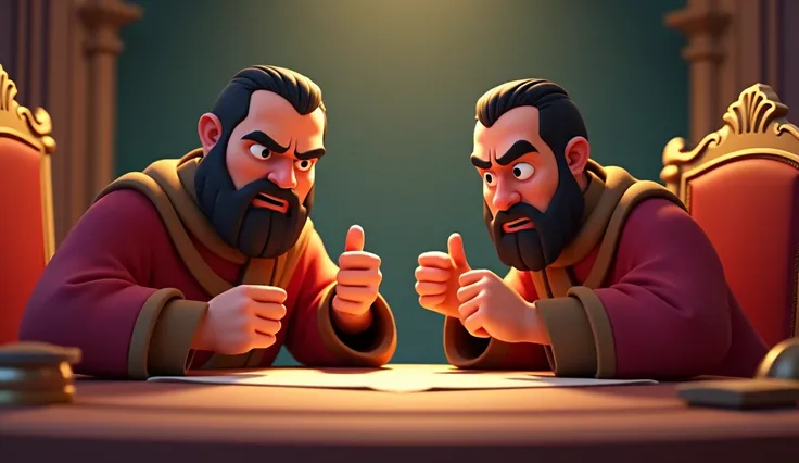 3D cartoon image of two 25-year-old small-bearded governors plotting against the life of the prophet Daniel .  How can we overthrow Daniel  ?  - asked one of the governors  ,  frowning .