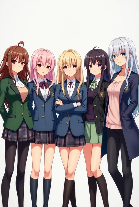 A group of five young women in anime style, all 25 years old, standing together in their school uniforms. Artemisa has brown, wavy hair and red eyes, wearing a green fitted jacket with a golden crest, paired with a plaid skirt. Freya has pale pink, long br...