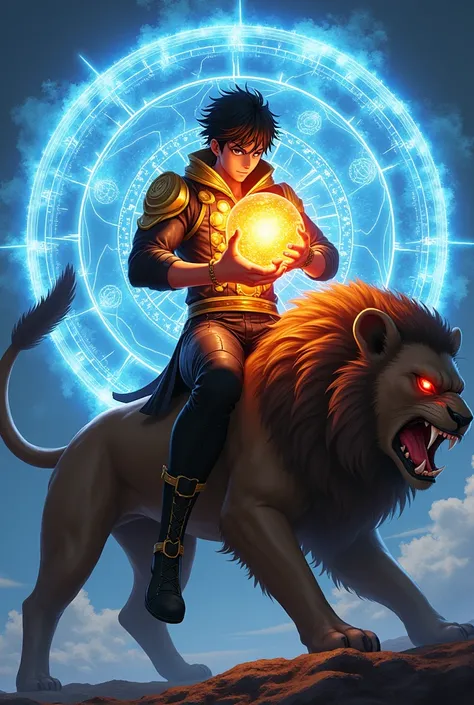 An adult  male, Anime figure, wearing a cool golden black mix costume, holding  a cool big orange sphere by  both hands , sitting on  a Lion, having a long money tail, black hair, red eyes, side view, energy aura, angry lion, monkey tail, A large blue Magi...