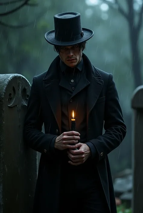 Handsome white man crying,  black hair, black hat, wearing black Victorian clothing at night ,   holding a black candle  , looking at the weeping grave , raining