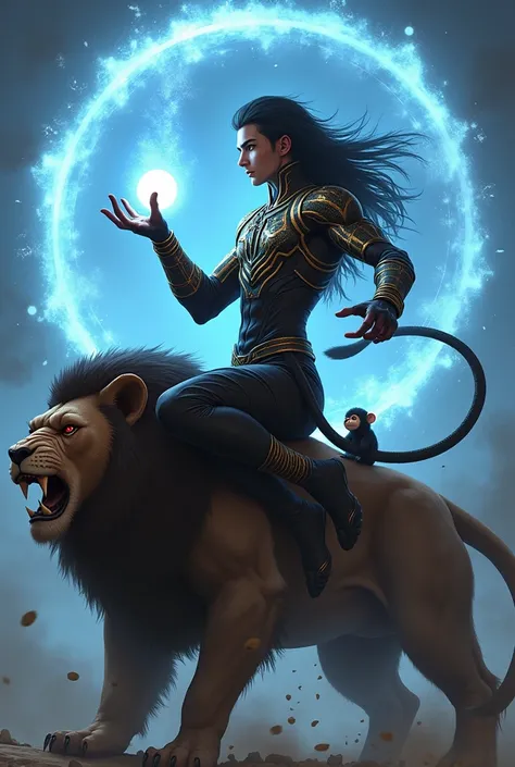 An adult  male,  wearing a cool golden black mix costume, holding  a cool big orange sphere by  both hands , sitting on  a Lion, having a long money tail, black hair, red eyes, side view, energy aura, angry lion, monkey tail, A large blue Magical Circle be...