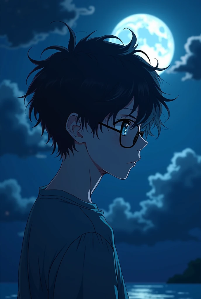 create an anime facebook profile picture. A medium short boy with messy hair and glasses.he is watching the moon. and blue moonlight is covering him. . show from side so that we cant see his face properly.... make is face towards the moon