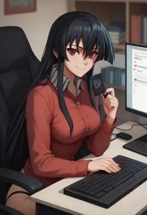 1 girl, solo,akame, long hair, black hair, red eyes, hair between eyes, medium breasts, shirt ,Long sleeves, thong pantie , sexy , evil smile, sitting in front of a computer, sitting on computer chair, typing on the computer keyboard, looking at the comput...