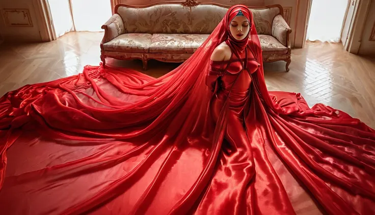 A woman shrouded in a 10-meter-long, plush red semi transparent satin shimmer cloth, slim body with big breast, tightly bound and grandly draping along the form of her body, tight flowing off into a pooled floor-length train, styled in a mermaid-inspired o...