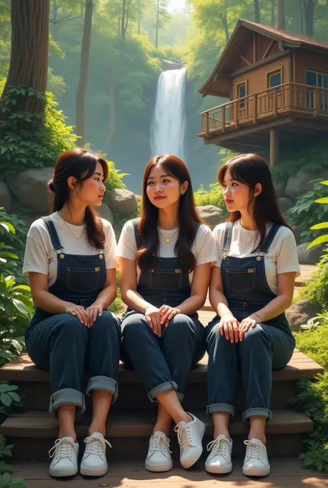 Kinda fat 3 beautiful 25 year old Asian women with long straight brown hair tied back wearing white t-shirt, black short denim overalls , yellow,red,wearing white Nike shoes,solid ass ,  sitting wooden stairs tree house in the forest there is a waterfall 