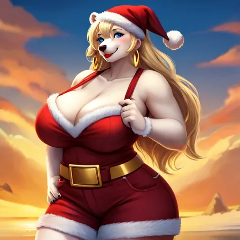 Blonde polar bear woman, wearing a backless Santa dress, perfect face, blue eyes, big breasts, cleavage, wide hips, three-quarter view, solo, smile, perfect detailed body, full body, jean shorts, red lipstick, gold earrings, blushing