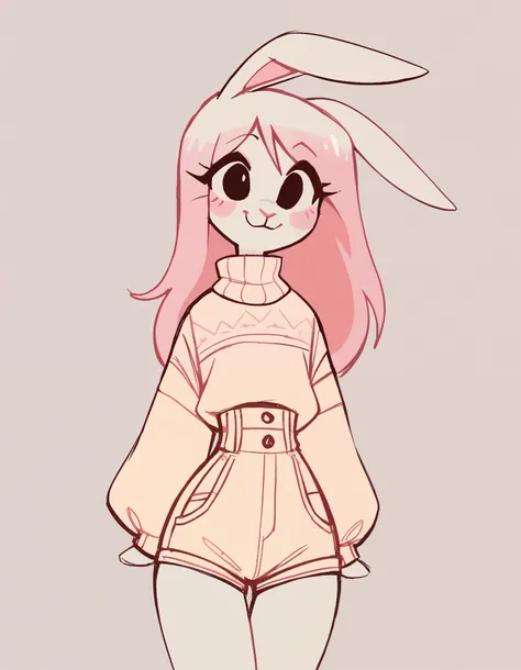 stkyswt, sketch, flat color, score_9,score_8_up, score_7_up, Best quality , Very detailed illustration, (Anthropomorphic furry rabbit boy:1,7) , tousled voluminous hair, Playful look, Slim, ideal body, thin waist, wide hips, Simple drawing, Artifyber styl...