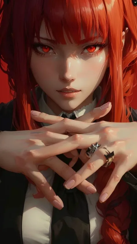 anime girl with red hair and black and white shirt and tie, her hands are red roots, with index finger, detailed digital anime art, artwork in the style of guweiz, rings asuka iwakura station game, anime realism style, guweiz masterpiece, anime realism, 8k...