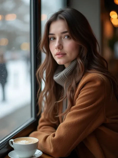 Portrait, Cafe on winter afternoon, beautiful woman sitting in stylish winter clothes, looking out window, Photorealistic, Masterpiece, Top Quality, RAW Photo, One Woman, Solo, Long Hair, Brown Hair, Detailed Face, Attractive Face, Medium Breasts, Dynamic ...