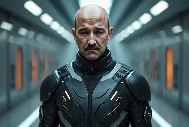 bald man equipped with an advanced technological suit bare face futuristic design with high-tech functionality