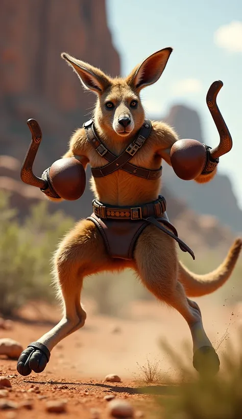 Australia as a boxing kangaroo in battle gear, wielding boomerangs and leaping with agility.