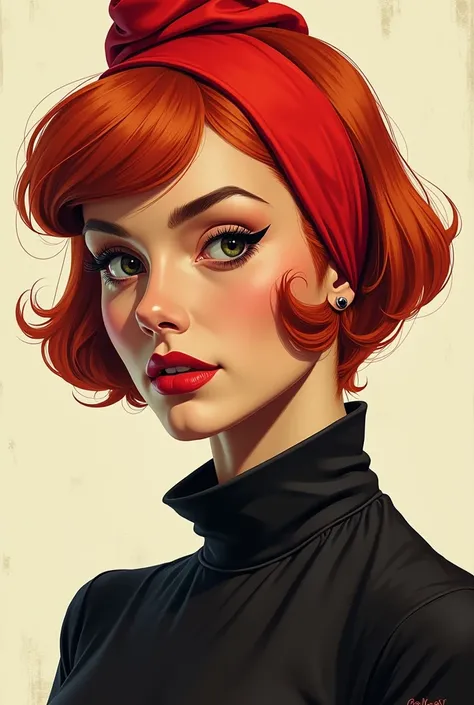 A woman in front ,redheadwear, 3, Bullish, Linda, Russian, ( Black Widow), short-hair, illustration, expressive, Lindas coresestilo cartaz,  inspired by J.C Leyendecker