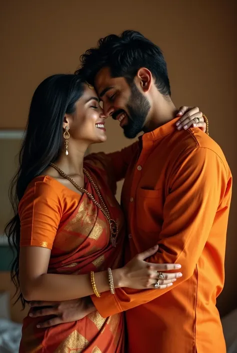 
Create a realistic image of Indian Muslim  women in saree romance in bed with brahman man wearing orange  kurta and hindu tilak on forehead smiling and hugging her from back