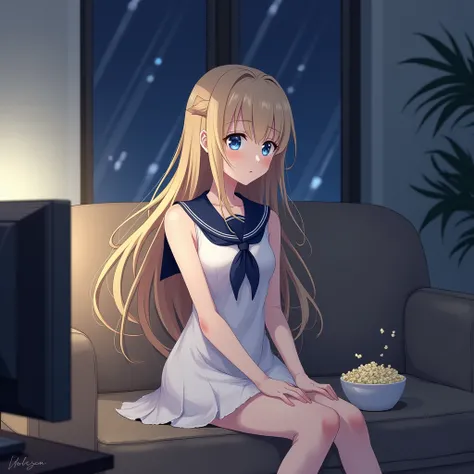 anime, female, illustration, 18 years old, long blonde hair, blue eyes, side swept bangs, sleeveless, sleeveless white sailor dress, exposed bare shoulders, navy neckerchief, cinched waist, knee length hemline, indoors, nighttime, sitting in sofa, watching...