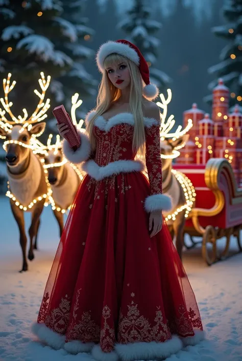 Full length real photo of a gorgeous woman, very large 36DD breasts, hourglass figure. Resembles Alice in Wonderland. dressed as Santa Claus with very long straight blonde hair with bangs. blue eyes dark brown eyeshadow black eye pencil red lipstick wears ...