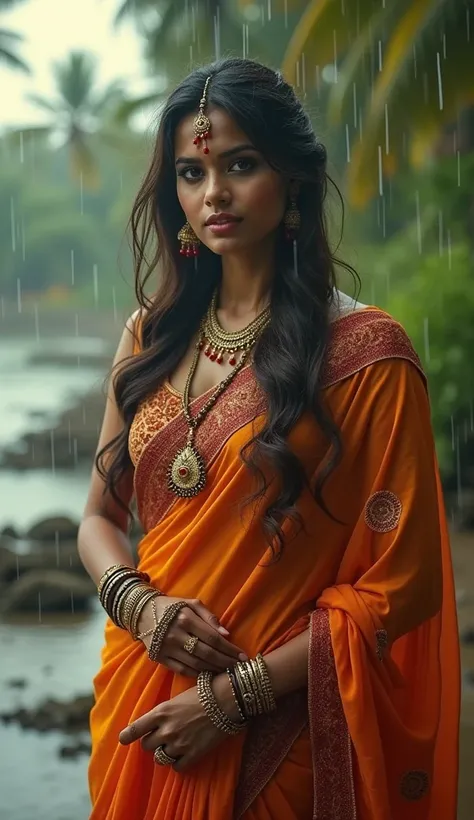 Indian woman posing for a photograph, showcasing a hot figure in a stylish saree and Indian jewelry. The background is set in Kerala, featuring coconut trees with a bokeh effect blur and the sun partially obscured by a light rainy weather. The scene captur...