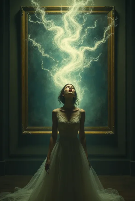 Draw a picture where a mysterious power comes out of a picture and absorbs a woman