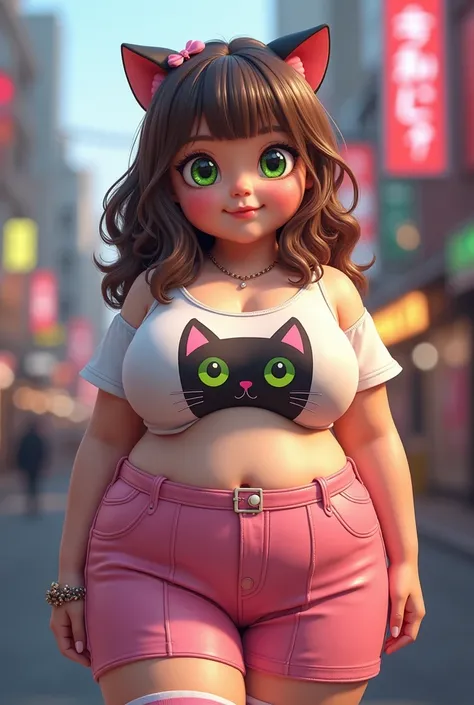  Chubby girl with adorable face and tanned skin , with harajuku makeup ,  with wavy light brown hair big breasts wearing a pink miniskirt with long pink striped tights and a short shirt with a beautiful kitty achievement and with droopy green eyes 