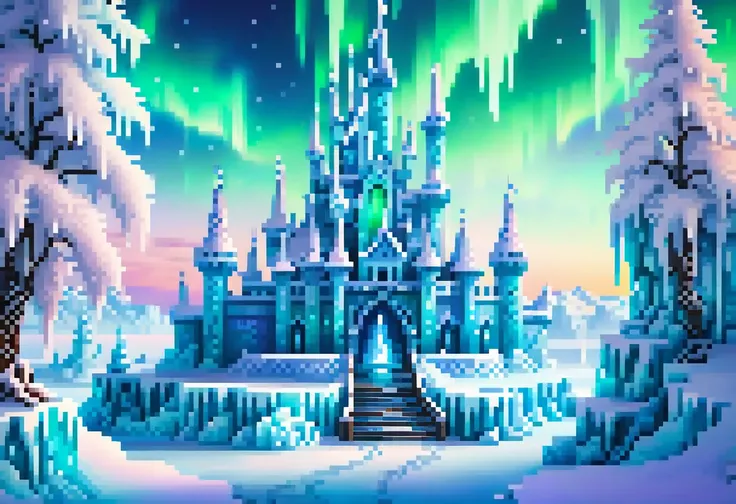 a winter fantasy landscape, a majestic ice castle,sparkling silver world, magical northern lights,icy glowing crystals, delicate snowflakes, cinematic lighting, fantastical frozen atmosphere, detailed ice architecture, glowing frozen surfaces, dramatic win...