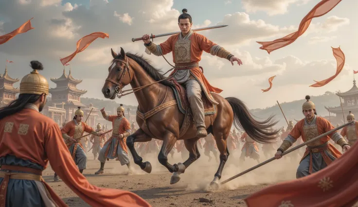 Tang Dynasty, battlefield,男人身披Tang Dynasty铠甲, Horse Rider , hold a weapon , and his eyes were full of murderous aura 。The weapon stabbed the enemy ,