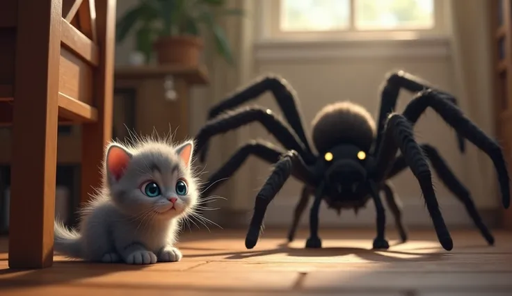 Mimi, the small gray kitten, is frightened and runs to the corner of the room, hiding behind a chair. Her big blue eyes are filled with fear as she watches her mother battle the monstrous spider. The spider moves slowly toward her mother, while Mimi’s moth...