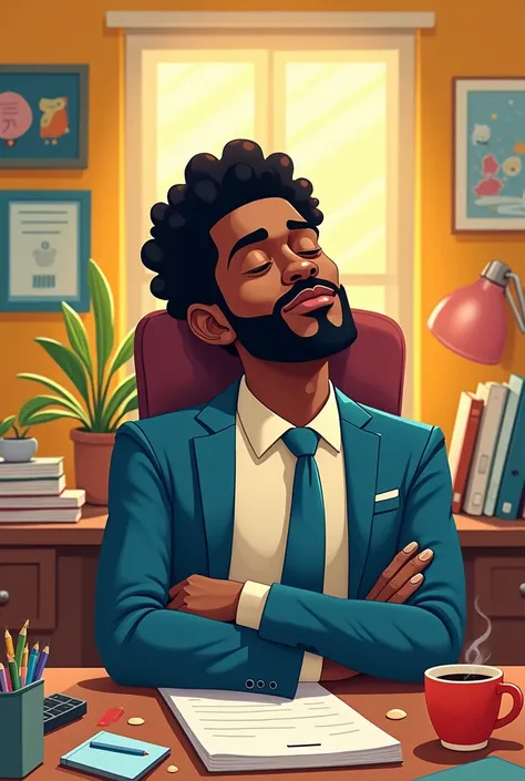 Un bel homme chic afro qui dors au travail cartoon style