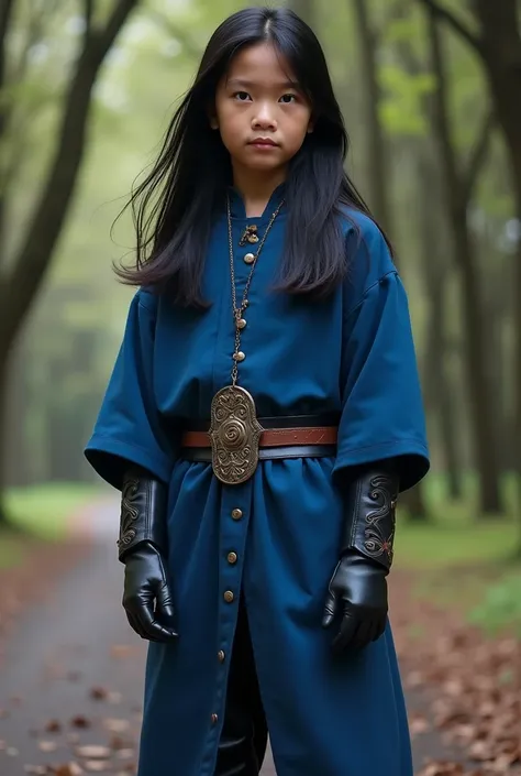 Live Action Pre teen Asian Boy With Long flowing Black Hair, Wearing a Baggy Long-Sleeved Blue Medieval Tunic With Sleeves that Cover the palms of his Black Leather Gloved Hands With a Long Skirt, With Black Leather Gloves, and Long Baggy Pants with Boots....