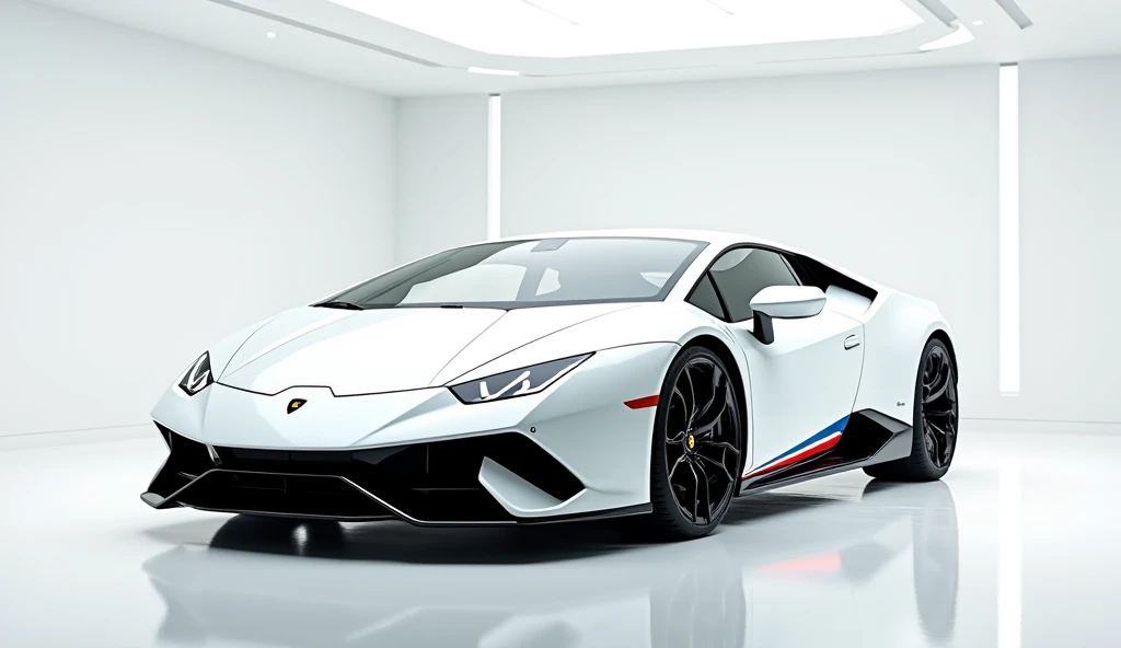 captivating image of a  2025 Lamborghini Huracantaking center stage in a luxurious white showroom. The futuristic, vibrant white)exterior gleams, showcasing its sleek, aerodynamic design and bold accents. The right view highlights the cutting-edge innovati...