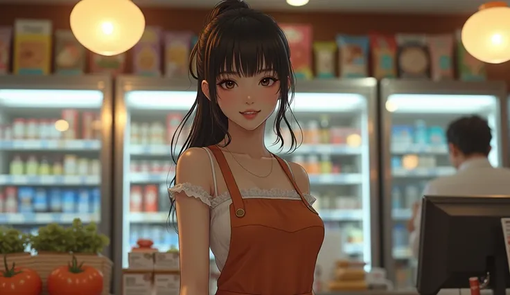 HD, retina, accurate, masterpiece, anatomically correct, textured skin, super detail, high details, award winning, best quality, highres, realistic, hyper-realistic 4K hot Japanese Adult Video Actress, working as a cashier in a cozy and well-lit convenienc...