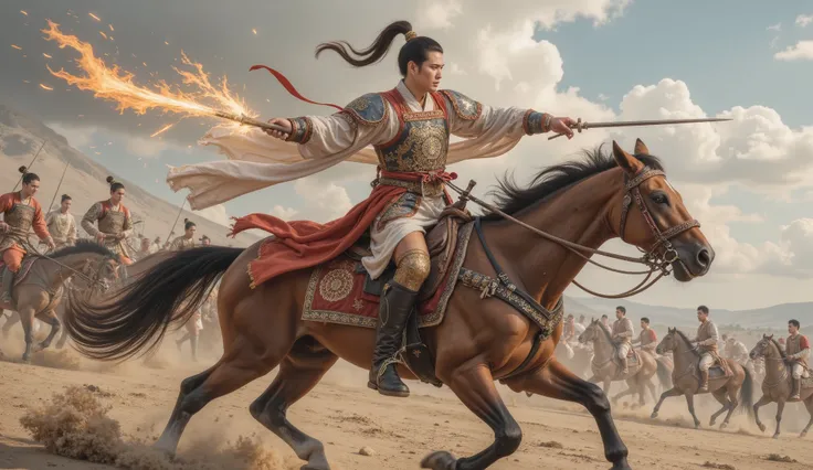 Tang Dynasty, battlefield,男人身披Tang Dynasty铠甲, Horse Rider , hold a weapon , and his eyes were full of murderous aura 。The weapon stabbed the enemy ,
