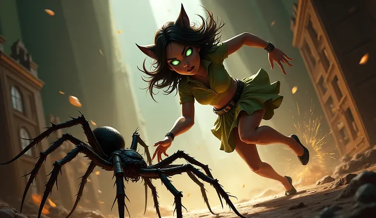 Mimi’s mother leaps into action, her sharp green eyes focused on the spider. She uses her claws to strike at the spider, making quick, calculated moves. The spider tries to strike back, but Mimi’s mother dodges with agility and strength. The battle between...